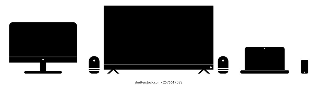 Home devices for work and entertainment. Personal computer, TV, Smart devices, Laptop and Smartphone, modern flat icons. Vector illustration isolated on white background.