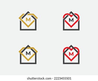 Startseite mit Diamond und Heart Logo Paket Set Symbol Symbol Element Design mit dem ersten Buchstaben M. Immobilien, Immobilien, Hypothek, Haus, Juwelen, Health Care Logotype. Vektorgrafik-Vorlage