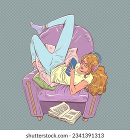 Home digital comfort. Music with you daily. A young girl lies on a chair with headphones and a phone. Pop Art Retro Vector Illustration Kitsch Vintage 50s 60s Style