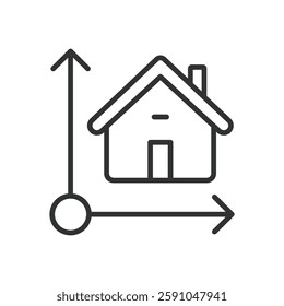 Home dimensions, icon in line design. House measurements, building dimensions, room size, floor plan, interior dimensions on white background vector. Home dimensions editable stroke icon