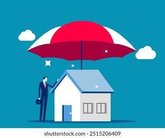 Home disaster insurance coverage or safety or shield for residential building, young man house owner with his house under strong cover umbrella. House insurance concept