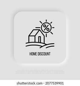 Icono de línea delgada de descuento en casa. Venta inmobiliaria. Caída de precios. Ilustración vectorial moderna.