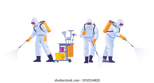 Home disinfection by cleaning service. People in virus protective suits and mask disinfecting buildings of coronavirus with the sprayer. Cartoon flat style illustration isolated on a white background.