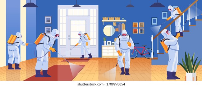 Home Disinfection By Commercial Disinfecting Services, Surface Treatment From Pandemic Coronavirus. Disinfectant Workers Wear Protective Mask And Suit Sprays Covid-19. Vector Illustration.