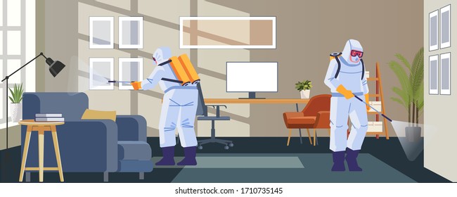 Home disinfection by commercial disinfecting services, surface treatment from pandemic coronavirus. Disinfectant workers wear protective mask and suit sprays covid-19. Vector illustration.
