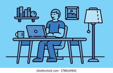 Home distant work banner. Outline illustration of home distant work vector banner for web design