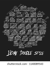 Home doodle illustration circle form wallpaper background line sketch style set on chalkboard