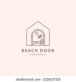 Home door with beach landscape linear outline logo icon sign symbol design. Vector illustration