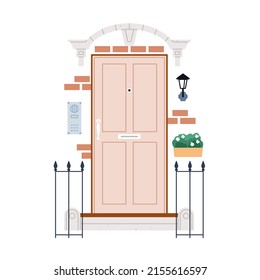 Home door with decoration outside. Front entrance with fence, potted plant, lamp, brick house wall. Facade, exterior of entry, peehole, post slot. Flat vector illustration isolated on white background