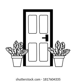 home door and potted plants isolated design white background vector illustration line style