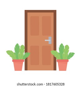 home door and potted plants isolated design white background vector illustration