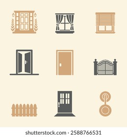 Home Doors and Windows Icons Set. Editable vector icon. Perfect for web and app interfaces, presentations, info graphics, etc. in a Beige and Gray Color Scheme.
