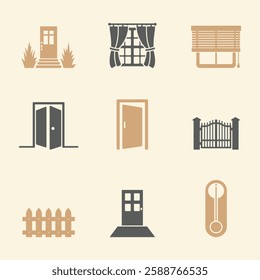 Home Doors and Windows Icons Set. Editable vector icon. Perfect for web and app interfaces, presentations, info graphics, etc. in a Beige and Gray Color Scheme.
