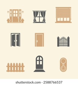 Home Doors and Windows Icons Set. Editable vector icon. Perfect for web and app interfaces, presentations, info graphics, etc. in a Beige and Gray Color Scheme.
