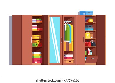 Home dressing room wardrobe. Big wardrobe, door mirror, dresser, nightstand, full closet with stacked & hanging clothes on hanger rack, jackets, woman bags, cardboard boxes. Flat vector illustration i