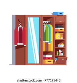 Home dressing room wardrobe. Wardrobe, mirror door, full closet with hanging clothes on hanger rack, jackets, stacked cardboard boxes. Flat vector illustration isolated on white background.