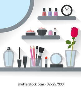 Home dressing table interior vector illustration. Make up flat concept with cosmetics, makeup table, mirror, flower, make-up tools, rose flower. Make-up artist objects. Accessories for pretty woman.