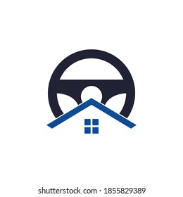 Home drive vector logo design template. Steering wheel and house symbol or icon.