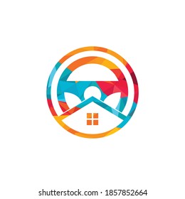 Home drive vector logo design template. Steering wheel and house symbol or icon.
