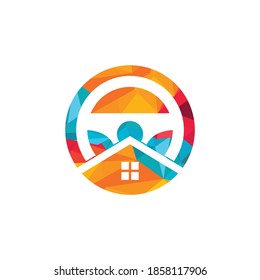 Home drive vector logo design template. Steering wheel and house symbol or icon.