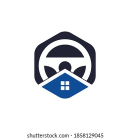Home drive vector logo design template. Steering wheel and house symbol or icon.