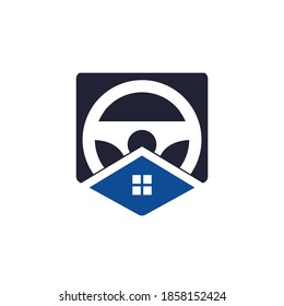 Home drive vector logo design template. Steering wheel and house symbol or icon.