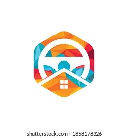 Home drive vector logo design template. Steering wheel and house symbol or icon.