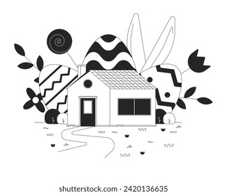 Home Easter celebration black and white 2D illustration concept. Eastertime holiday at house cartoon outline scene isolated on white. Rabbit eastertide eggs springtime metaphor monochrome vector art