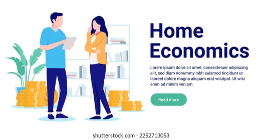 Home economics - Couple with man and woman talking and discussing finances and economy for family. Flat design vector illustration with white background and copy space for text