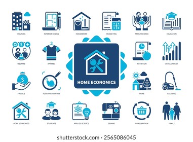 Home Economics icon set. Budgeting, Housework, Interior Design, Apparel, Nutrition, Applied Science, Finance, Family. Duotone color solid icons