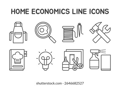 Home Economics Icons Set featuring 8 editable line icons in a clean and minimal style. Perfect for educational materials, life skills lessons, household projects, and domestic learning visuals.