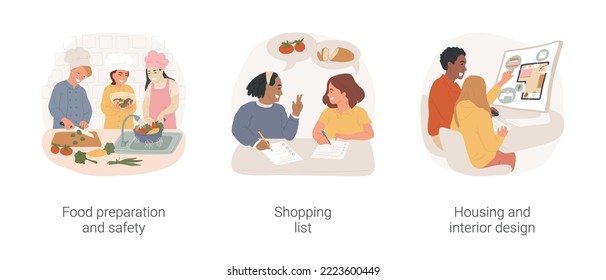 Home economics lessons isolated cartoon vector illustration set. Domestic science for children, life management course, food preparation, create shopping list, interior design vector cartoon.
