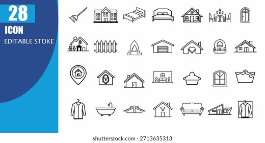 Home Editable Stroke Vector Icon Set – House, Interior, Furniture and Property Line Icons