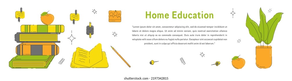 Home Education Banner With Books, Note Pad, Home Plant, Apple and Other Objects. Perfect for Websites, Social Media, Printed Materials, etc.