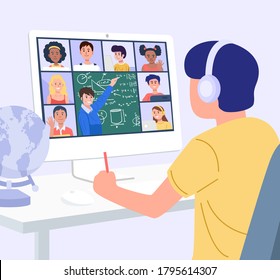Home Education Concept. A boy learning with computer at home. Vector