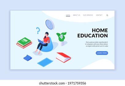 Home education concept. Isometric vector template of website banner advertising contemporary resources of distant education from home with female student sitting in comfortable chair and using laptop