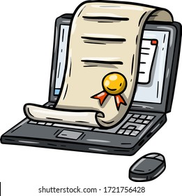 Home education. Distance learning. Computer and earning a degree. Laptop and online school. End of the course. Cartoon drawn illustration