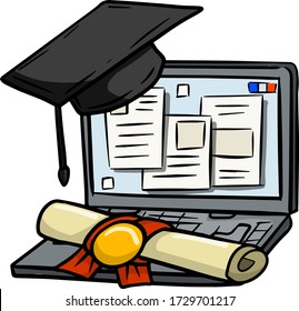 Home education. Distance learning. Computer and earning a degree. Laptop and online school. End of the course. Student cap. Cartoon drawn illustration