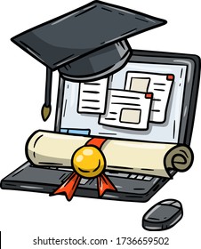 Home education. Distance learning. Computer and earning a degree. Laptop and online school. End of the course. Student cap. Cartoon drawn illustration