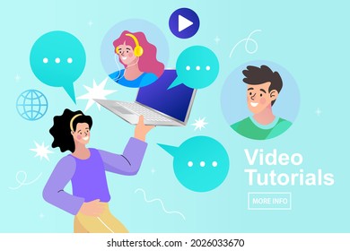 Home education. Distance learning, recorded classes, video tutorial metaphors. Class seminar or courses. Young woman streamer. video conference. work form home. vector illustration.