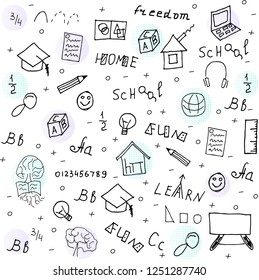 Home education doodle style vector illustration with hand drawn lettering.