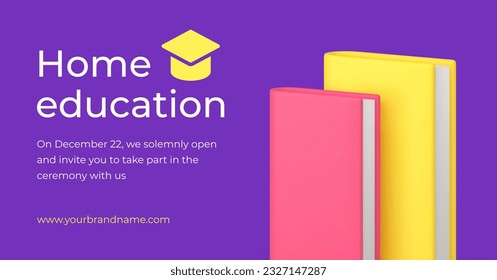 Home education e learning distance course studying 3d banner books realistic vector illustration. Graduation knowledge remotely school library lecture academic information university college training