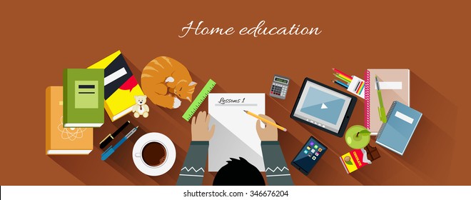 Home education flat design concept. Education kids, home school, home learning, workplace and paper, desk and work, workspace table, professional workstation, learning and coffee illustration