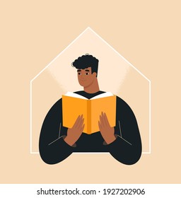 Home education, homeschooling concept. Man studying in the house, reading a book, doing homework. Smart male student on distance learning. Isolated trendy flat vector illustration