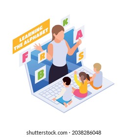 Home education icon with children learning alphabet online 3d vector illustration