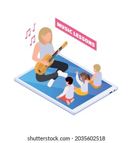 Home Education Icon With Teacher Playing Guitar And Kids Singing On Online Music Lesson Isometric Vector Illustration