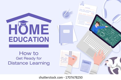 Home education, Illustration of a man having video conference with teacher at home. Vector