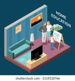 Home education isometric composition with parents watching their child painting on easel 3d vector illustration