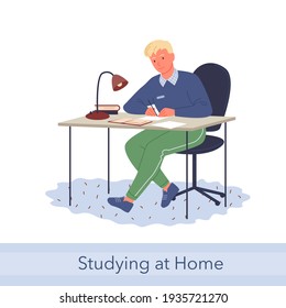 Home education, knowledge concept, young man student or worker sitting at desk, working