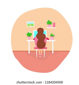 Home education, home office, girl sitting with her back, room interior with desk, laptop and plants